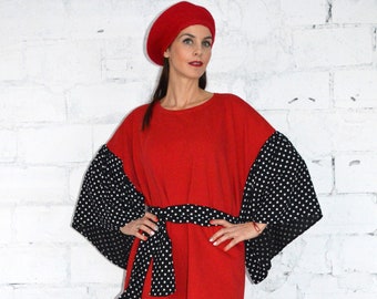 Women Red Dress, Plus Size Dress, Butterfly Sleeve, Casual Loose Dress, Maxi Dresses, Polka Dot Dress