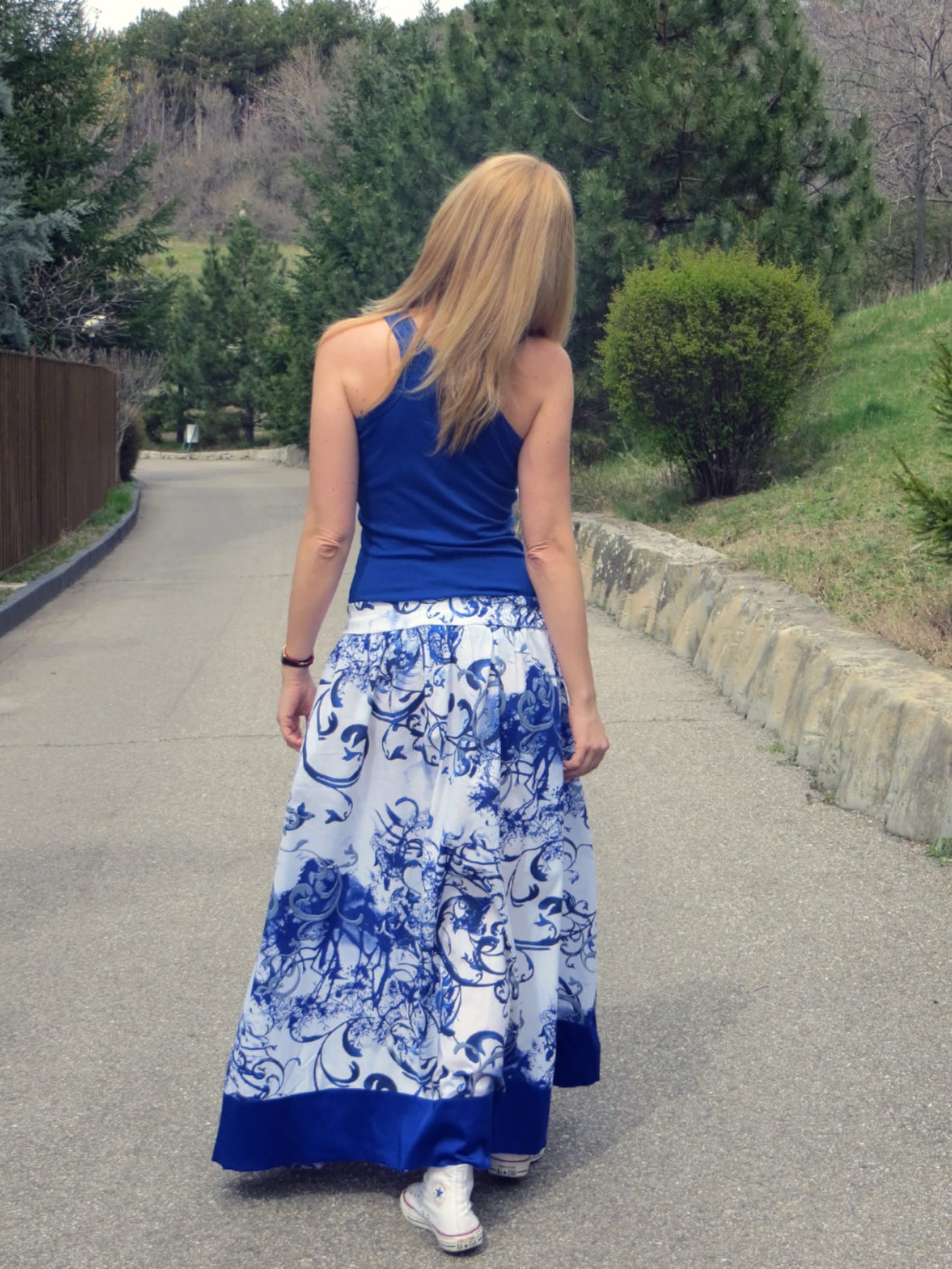 Maxi Skirt/ Royal Blue/ Loose Fitted Cotton Skirt/ Etsy
