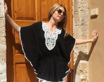 Women's Bohemian Tunic, Black Oversized Top, Boho Style Blouse, Beach Cover Up, Ethnic Loose Top, Free Delivery