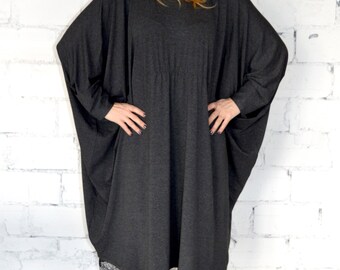 Women Midi Dress, Caftan Dress with Lace, Grey Kaftan, Abaya Dress, Maxi Dress, Plus Size Dress, Long Dress, Casual Oversized Dress