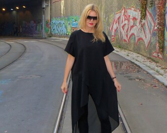 Oversized Black Tunic, Elegant Maxi Tunic, Casual Plus Size Top, Maternity Wear, Loose Fitted Black Tunic, Asymmetric Chiffon Top, eMODNO