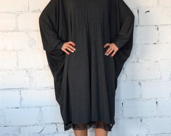Women Oversized Dress, Grey Caftan, Midi Dress, Caftan Dress with Lace, Abaya Dress, Maxi Dress, Plus Size Dress, Long Dress, Casual Dress