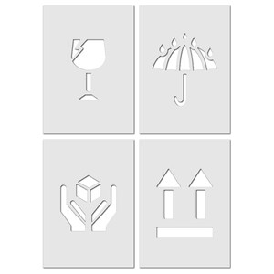 May include: Four white shipping symbols on a grey background. The symbols are a glass, an umbrella, hands holding a box, and two arrows pointing upwards.