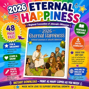 May include: A digital activity book titled 2026 Eternal Happiness Regional Convention of Jehovah's Witnesses, featuring a colorful rainbow background, a central illustration of a bearded figure teaching a group, and various text-based promotional badges.