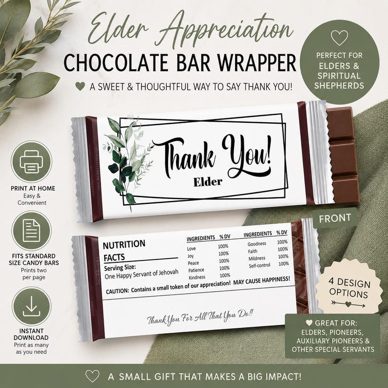 Op de afbeelding: Een wikkelontwerp voor een chocoladereep met een wit label en zwarte tekst Thank You! Elder, versierd met groene botanische illustraties. De achterkant bevat een voedingswaardetabel met deugden als ingredi&euml;nten vermeld.