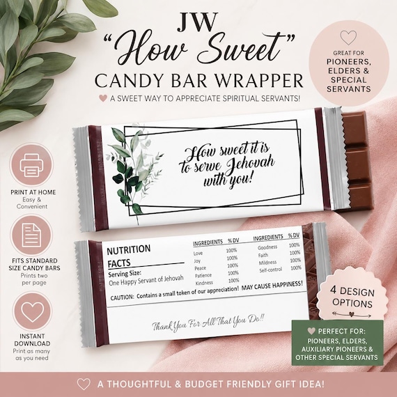 JW Candy Bar Wrapper Printable, How Sweet Gift, Pioneer Appreciation Gift, Elder Gift, Instant Download PDF