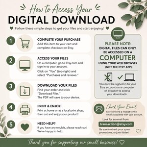 May include: An instructional infographic titled How to Access Your Digital Download with five numbered steps using icons for a shopping cart, computer, folder, printer, and heart. It includes a note about using a computer and checking email.