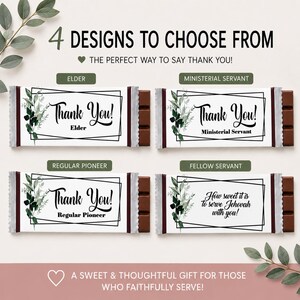 May include: Four chocolate bars with white wrappers featuring black geometric frames, green leaf illustrations, and text. Labels include Thank You Elder, Thank You Ministerial Servant, Thank You Regular Pioneer, and How sweet it is to serve Jehovah with you.