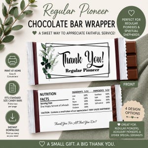May include: A chocolate bar wrapper featuring a white background with black text and a green leaf illustration. The front displays "Thank You! Regular Pioneer" inside a black geometric frame. The back shows a nutrition facts label with spiritual ingredients.