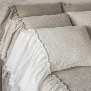Linen Pillowcases 2 pcs Stone Washed Super Soft With Ruffles 100% European Flax Natural Organic Silky Stone Village Coll. CHRISTMAS SALES!