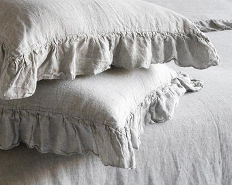 Linen Sham Frilled Luxury Stone Washed Super Soft Pure Linen French Rustic Pillowcase With Ruffles & Ties Shabby Chic