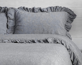 Luxury French Vintage Frilled Linen Duvet Cover & Set 100% Flax Stone Washed Super Soft Natural Organic King Queen Full - CHRISTMAS SALE!