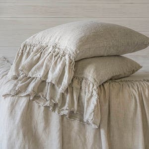 Linen Pillowcases 2 pcs Stone Washed Super Soft With Ruffles 100% European Flax Natural Organic Silky Stone Village Coll. CHRISTMAS SALES!