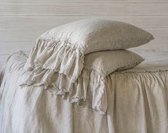 Linen Pillowcases 2 pcs Stone Washed Super Soft With Ruffles 100% European Flax Natural Organic Silky Stone Village Coll. CHRISTMAS SALES!