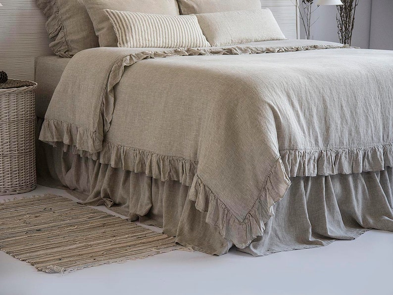 Linen Duvet Cover Frilled French Vintage Stone Washed 100% Flax Super Soft Antibacterial Natural Organic Luxury or 3 pcs Set King Queen SALE image 2