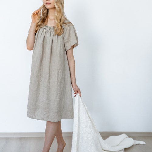 Linen Lounge Dress, Long Nightdress, Organic Linen Sleepwear - Romantic Women's Loungewear - Cecil