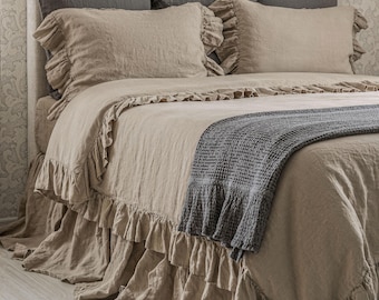 Linen Duvet Cover Frilled French Vintage Stone Washed 100% Flax Super Soft Antibacterial Natural Organic Luxury or 3 pcs Set King Queen