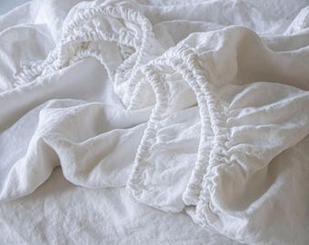 Linen Fitted Sheet, White, Stone Washed Softened. Queen, King, Full, Twin also Wyoming, Texas, Alaskan, Florida, Crib & Custom Sizes incl.