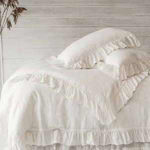 Luxury French Vintage Frilled Linen Duvet Cover & Set 100% Flax Stone Washed Super Soft Natural Organic King Queen Full - CHRISTMAS SALE!