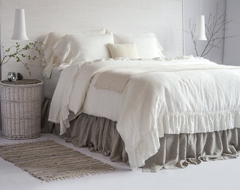 Linen Duvet Cover Stone Washed French Vintage Ruffle 100%  Flax Super Soft Natural Organic  or 3 pcs set