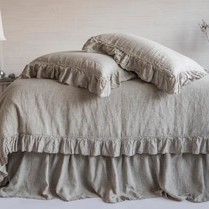 Linen Duvet Cover Frilled French Vintage Stone Washed 100% Flax Super Soft Antibacterial Natural Organic Luxury or 3 pcs Set King Queen SALE image 1