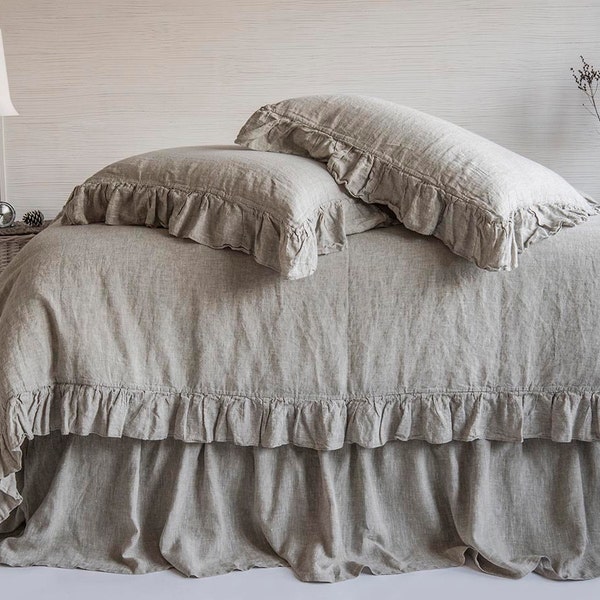 Linen Duvet Cover Frilled French Vintage Stone Washed 100% Flax Super Soft Antibacterial Natural Organic Luxury or 3 pcs Set King Queen SALE