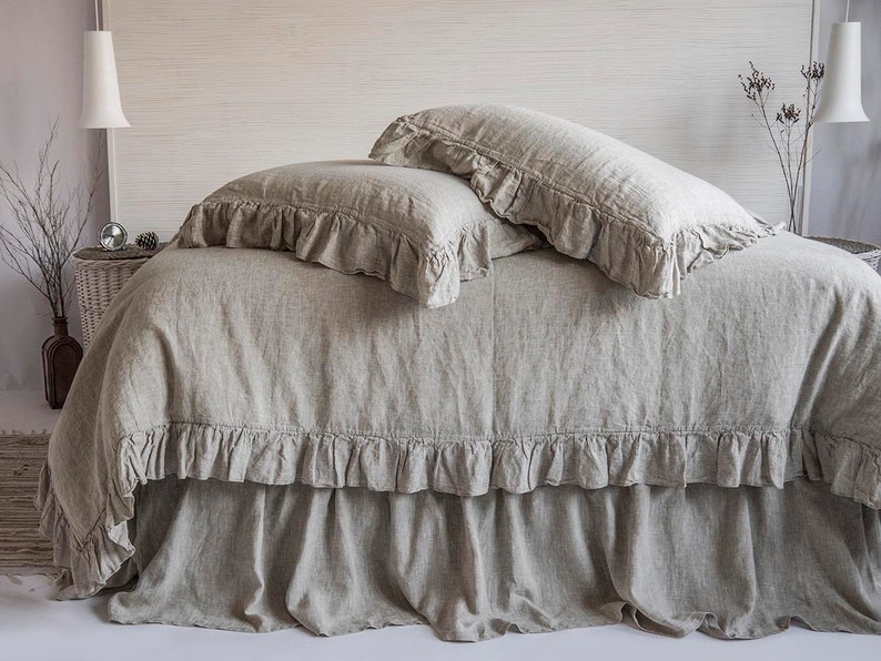 Linen Duvet Cover Frilled French Vintage Stone Washed 100% Flax Super Soft Antibacterial Natural Organic Luxury or 3 pcs Set King Queen SALE