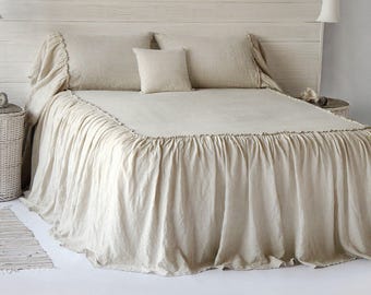 Linen Dust Ruffle Coverlet Bedspread Stone Washed Super Soft 100% European Flax Natural Organic Silky Stone Village Coll. CHRISTMAS SALES!