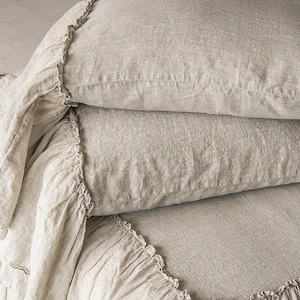 Linen Pillowcases 2 pcs Stone Washed Super Soft With Ruffles 100% European Flax Natural Organic Silky Stone Village Coll. CHRISTMAS SALES image 1