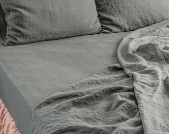 Linen Fitted Sheet, Stone Washed Super Soft. Queen, King, Full, Eco 100% European Flax Natural Organic.