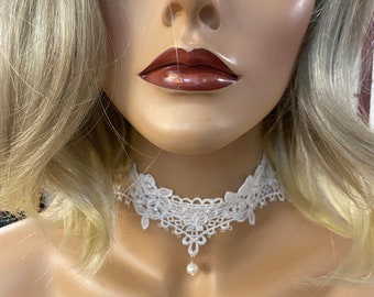 White Venice Lace Choker, Moonstones & Real Pearl Drop, BoHo, Wedding, Bride, casual/beach ceremony, bridal party, bachelorette