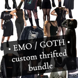 May include: A collage of Emo/Goth-style clothing items. The image features various outfits, including skirts, tops, and jackets, with a focus on black and dark-colored apparel. The text "EMO / GOTH custom thrifted bundle" is overlaid on the image.