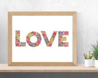 Watercolour LOVE Floral Pattern - Art Digital Download