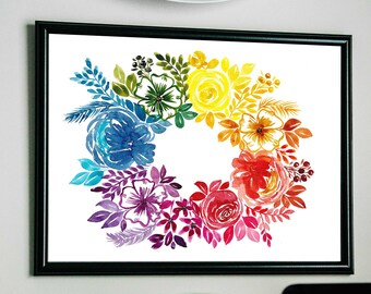 Watercolour Rainbow Floral Wreath - Art Digital Download