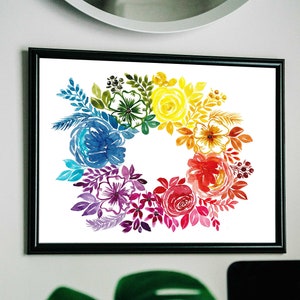 Watercolour Rainbow Floral Wreath Art Digital Download image 1