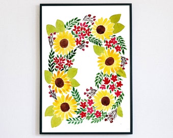 Watercolour Sunflower Wreath - Art Digital Download