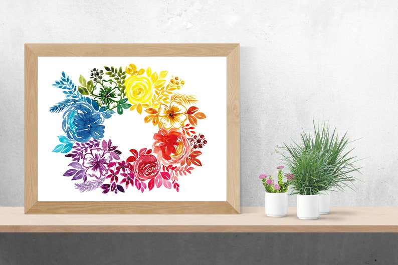 Watercolour Rainbow Floral Wreath Art Digital Download image 2