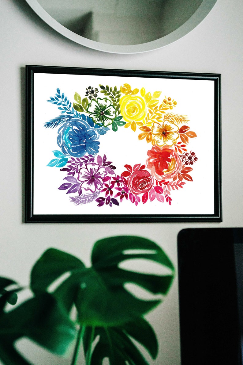 Watercolour Rainbow Floral Wreath Art Digital Download image 1