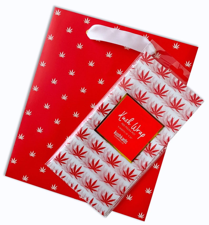 Rot/Weiße Topf blatt Geschenktasche + Seidenpapier Set | Stoner Geschenke | Cannabis Geschenkverpackung | 420 Geschenke | Cannabis Grußkarten Bild 1