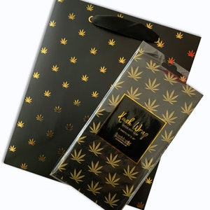 Saco de presente de folha de pote preto/dourado + conjunto de papel de seda | Presentes Stoner | Papel de embrulho de cannabis | 420 presentes | Cartões comemorativos sobre cannabis
