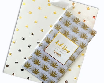 Weiß/Gold Topf Blatt Geschenktasche + Seidenpapier Set | Stoner Geschenke | Cannabis Geschenkverpackung | 420 Geschenke | Cannabis Grußkarten