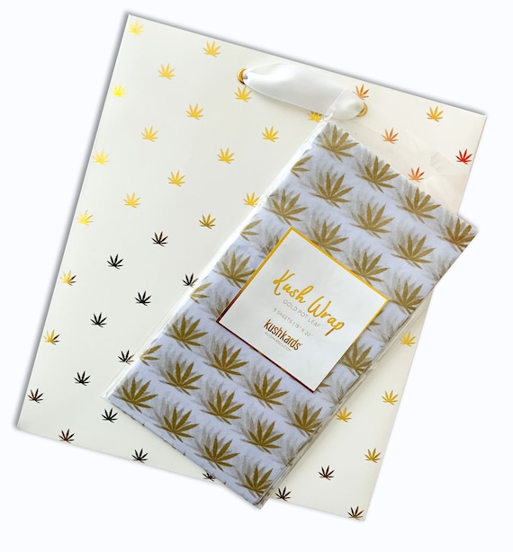 White/Gold Pot Leaf Gift Bag + Tissue Paper Set | Stoner Gifts | Cannabis Gift Wrap | 420 Gifts | Cannabis Greeting Cards