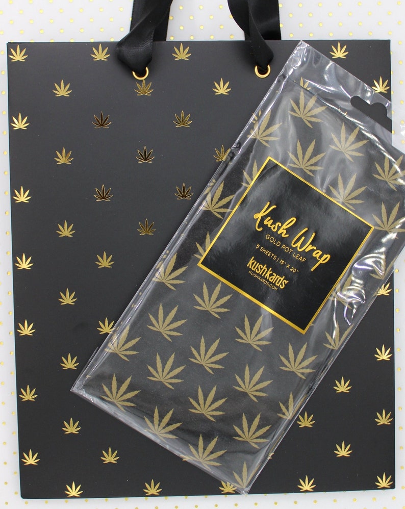 Svart/Guld Pot Leaf Presentpåse + Silkespapper Set | Stoner-presenter | Cannabis-presentinslagning | 420 presenter | Cannabis-hälsningskort bild 4