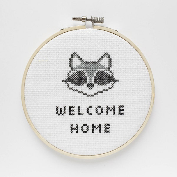 Welcome Home Raccoon Cross Stitch, Home Decor, Trash Panda, Wall Hanging, Funny, Welcome Sign, Toronto, Housewarming Gift, Cute, Handmade