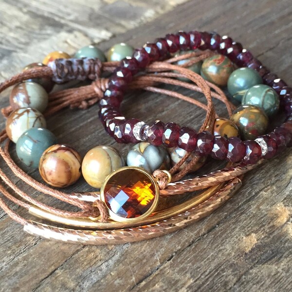 Bracelet Stack Set, Picasso Jasper Bracelet, Wax Cord Bracelet, Boho Chic Bracelets, Yoga Bracelet, Stackable Bracelets, Garnet Bracelet