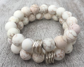 White Turquoise Boho Bracelet, Brushed Silver White Turquoise Bracelet, Stackable Bracelet, Magnesite Bracelet, Bohemian Stacking Bracelet