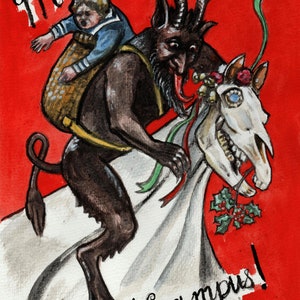 Biglietto natalizio con Mari Lwyd e Krampus