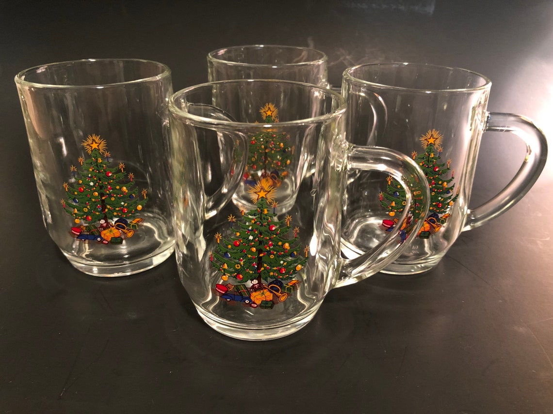 Vintage Glass Christmas tree mugs set of 4 Etsy
