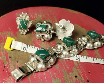 Vintage Mexican silver bracelet, earrings and ring set.