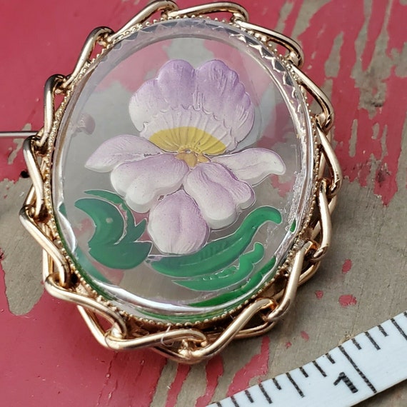 Vintage Reverse Painted Flower Brooch - image 2